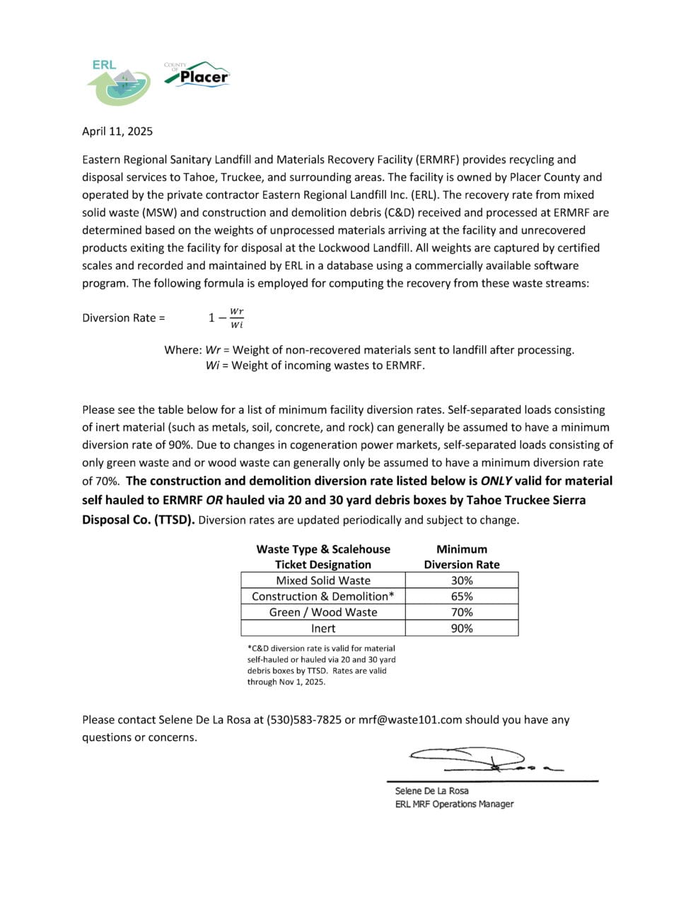 Facility Diversion Goals Apr 2025